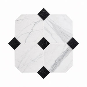 Carrara | 10x10 | Octogon White | Antiqued with Nero Marquina Dot