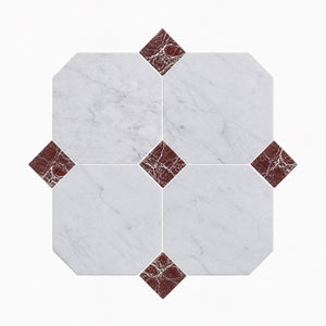 Carrara | 10x10 | Octogon White | Antiqued with Rosso Levanto Dot