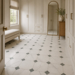 Calacatta | 10x10 | Octogon White | Antiqued with Verde Esme Dot