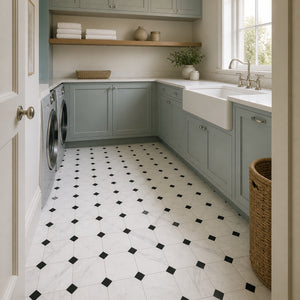 Calacatta | 10x10 | Octogon White | Antiqued with Nero Marquina Dot