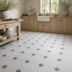 Carrara | 10x10 | Octogon White | Antiqued with Verde Esme Dot