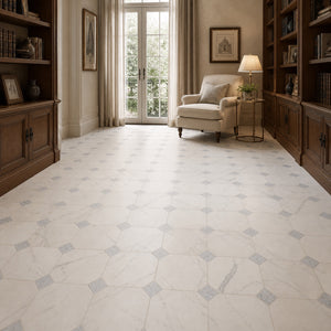 Calacatta | 10x10 | Octogon White | Antiqued with Carrara Dot