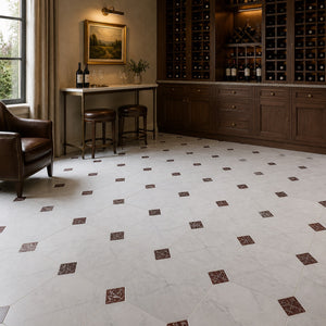 Carrara | 10x10 | Octogon White | Antiqued with Rosso Levanto Dot