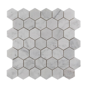 Bianco Carrara | 2” Hexagon Mosaic | Color: Grey White | Material: Marble | Finish: Tumbled | Sold By: SQFT | Tile Size: 12"x12"x0.375" | Commercial: Yes | Residential: Yes | Floor Rated: Yes | Wet Areas: Yes | AJ-23-0809