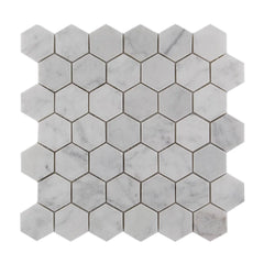 Bianco Carrara | 2” Hexagon Mosaic | 12x12 | Grey White | Tumbled