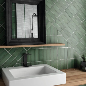 Artisan | Color: Dark Green | Material: Ceramic | Finish: Matte | Sold By: Case | Square Foot Per Case: 5.38 | Tile Size: 2.5"x8"x0.375" | Commercial: No | Residential: Yes | Floor Rated: No | Wet Areas: Yes | AJ-23-