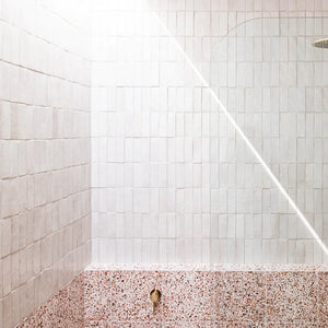 Zellige | Color: Snow | Material: Ceramic | Finish: Gloss | Sold By: Case | Square Foot Per Case: 5.38 | Tile Size: 2"x6"x0.394" | Commercial: Yes | Residential: Yes | Floor Rated: Yes | Wet Areas: Yes | AJ-23-3337-EZR1550-01