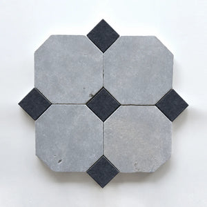 Moroccan Limestone | Octagon & Dot | Color: Atlas & Black Dades Dot| Material: Limestone | Finish: Matte | Sold By: Case | Square Foot Per Case: 5.17 | Includes: 12 Octagons + 12 Dots (2.7"x2.7") Per Case | Tile Size: 8"x8"x0.75" | Commercial: Yes | Residential: Yes | Floor Rated: Yes | Wet Areas: Yes | AJ-23-3337-EZRMLOCT-Atlas