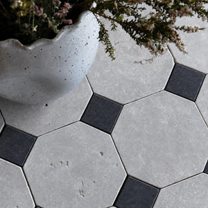 Moroccan Limestone | Octagon & Dot | Color: Atlas & Black Dades Dot| Material: Limestone | Finish: Matte | Sold By: Case | Square Foot Per Case: 5.17 | Includes: 12 Octagons + 12 Dots (2.7"x2.7") Per Case | Tile Size: 8"x8"x0.75" | Commercial: Yes | Residential: Yes | Floor Rated: Yes | Wet Areas: Yes | AJ-23-3337-EZRMLOCT-Atlas