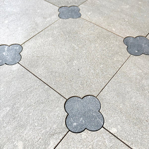 Dunya | 8x8 | Fleur Seagrass Octagon w/ Taurus Insert | Tumbled | Color: Seagrass | Material: Stone | Finish: Matte | Sold By: Case | Square Foot Per Case: 5.37 | Includes: 12 Octagons (8"x8") + 12 Taurus Inserts (2.7"x2.7") Per Case | Tile Size: 8"x8"x0.39" | Commercial: Yes | Residential: Yes | Floor Rated: Yes | Wet Areas: Yes