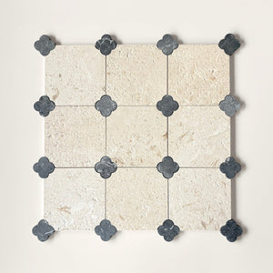 Dunya | 8x8 | Fleur Fossil Octagon w/ Taurus Insert | Tumbled | Color: Fossil | Material: Stone | Finish: Matte | Sold By: Case | Square Foot Per Case: 5.37 | Includes: 12 Octagons (8"x8") + 12 Taurus Inserts (2.7"x2.7") Per Case | Tile Size: 8"x8"x0.39" | Commercial: Yes | Residential: Yes | Floor Rated: Yes | Wet Areas: Yes