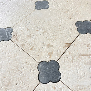 Dunya | 8x8 | Fleur Fossil Octagon w/ Taurus Insert | Tumbled | Color: Fossil | Material: Stone | Finish: Matte | Sold By: Case | Square Foot Per Case: 5.37 | Includes: 12 Octagons (8"x8") + 12 Taurus Inserts (2.7"x2.7") Per Case | Tile Size: 8"x8"x0.39" | Commercial: Yes | Residential: Yes | Floor Rated: Yes | Wet Areas: Yes