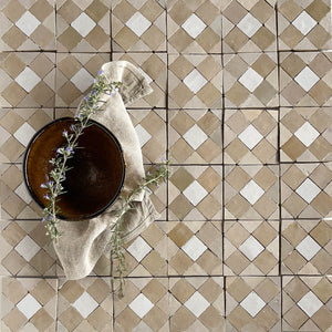 Zellige Mosaic - Tavira | Color: Oat/Latte/Snow | Material: Ceramic | Finish: Gloss | Sold By: Case | Square Foot Per Case: 5.38 | Tile Size: 4"x4"x0.472" | Commercial: Yes | Residential: Yes | Floor Rated: Yes | Wet Areas: Yes | AJ-23-3337-EZR0225-39-05-01