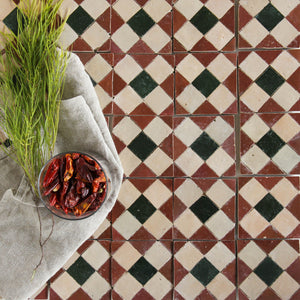 Zellige Mosaic - Tavira | Color: Rust/Clay/Dark Green | Material: Ceramic | Finish: Gloss | Sold By: Case | Square Foot Per Case: 5.38 | Tile Size: 4"x4"x0.472" | Commercial: Yes | Residential: Yes | Floor Rated: Yes | Wet Areas: Yes | AJ-23-3337-EZR0225-20-04-19
