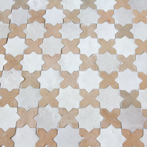 Zellige Mosaic - Star/Cross | Color: Clay Cross/Snow Star | Material: Ceramic | Finish: Gloss | Sold By: Case | Square Foot Per Case: 10.98 | Tile Size: 12"x12"x0.472" | Commercial: Yes | Residential: Yes | Floor Rated: Yes | Wet Areas: Yes | AJ-23-3337-EZR0192-04-01
