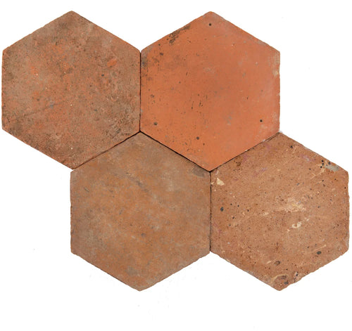 Antiqued Terra Cotta Hex | Color: Terra Cotta | Material: Ceramic | Finish: Natural | Sold By: SQFT | Tile Size: 6.5"x6.5"x1" | Commercial: Yes | Residential: Yes | Floor Rated: Yes | Wet Areas: Yes | AJ-24-0809