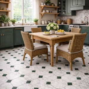 Calacatta | 10x10 | Octogon White | Antiqued with Nero Marquina Dot