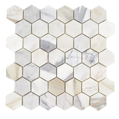 Calacatta | 2” Hexagon Mosaic | 12x12 | White | Tumbled