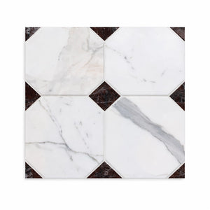 Calacatta | 10x10 | Octogon White | Antiqued with Rosso Levanto Dot