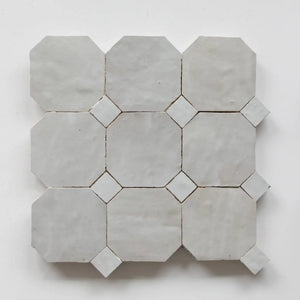 Zellige Mosaic - Octagon w Dot | Color: Dust/Snow Dot | Material: Ceramic | Finish: Matte | Sold By: Case | Square Foot Per Case: 5.17 | Tile Size: 11.812"x11.812"x0.787" | Usage: Commercial: Yes | Residential: Yes | Floor Rated: Yes | Wet Areas: Yes