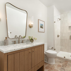 Floor Tile: Porto | Star and Cross | 6x6 | Cotto.  Shower Wall Tile: Artisan | 2.5x8 | White | Matte