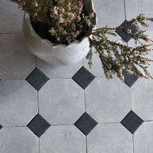 Moroccan Limestone | Octagon & Dot | Color: Atlas & Black Dades Dot| Material: Limestone | Finish: Matte | Sold By: Case | Square Foot Per Case: 5.17 | Includes: 12 Octagons + 12 Dots (2.7"x2.7") Per Case | Tile Size: 8"x8"x0.75" | Commercial: Yes | Residential: Yes | Floor Rated: Yes | Wet Areas: Yes | AJ-23-3337-EZRMLOCT-Atlas