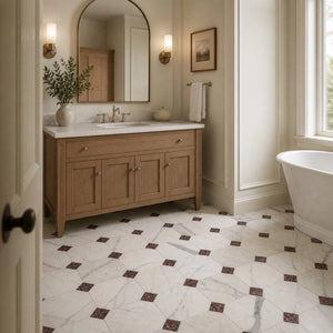 Calacatta | 10x10 | Octogon White | Antiqued with Rosso Levanto Dot