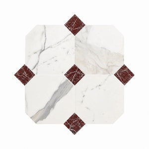 Calacatta | 10x10 | Octogon White | Antiqued with Rosso Levanto Dot