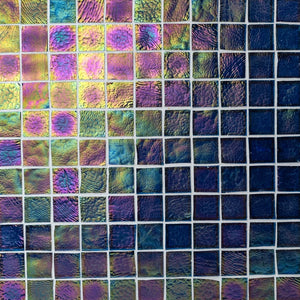 Artisan Edge - 1x1 | Color: Peacock | Material: Glass | Finish: Irid | Sold By: Case | Square Foot Per Case: 9.59 | Tile Size: 11.75"x11.75"x0.24" | Commercial: Yes | Residential: Yes | Floor Rated: Yes | Wet Areas: Yes | AJ-23-1603
