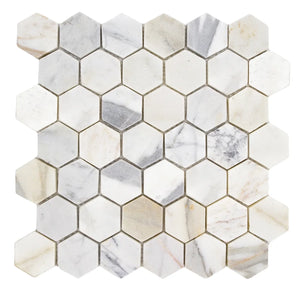 Calacatta | 2” Hexagon Mosaic | Color: White | Material: Marble | Finish: Tumbled | Sold By: SQFT | Tile Size: 12"x12"x0.375" | Commercial: Yes | Residential: Yes | Floor Rated: Yes | Wet Areas: Yes | AJ-23-0809