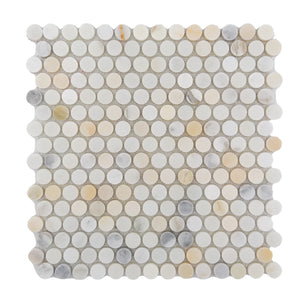 Calacatta | ¾ Penny Round | Color: White | Material: Marble | Finish: Honed | Sold By: SQFT | Tile Size: 12"x12"x0.375" | Commercial: Yes | Residential: Yes | Floor Rated: Yes | Wet Areas: Yes | AJ-23-0809