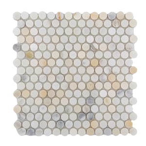 Calacatta | 1¼ Penny Round | Color: White | Material: Marble | Finish: Honed | Sold By: SQFT | Tile Size: 12"x12"x0.375" | Commercial: Yes | Residential: Yes | Floor Rated: Yes | Wet Areas: Yes | AJ-23-0809