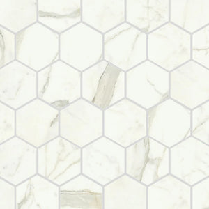 Classico | 2” Hex Mosaic I 9.6x9.6 | Matte | Calacatta Oro | Material: Porcelain | Finish: Matte | Sold By: Case | Square Foot Per Case: 1.6 | Tile Size: 9.6"x9.6"x0.375" | Commercial: Yes | Residential: Yes | Floor Rated: Yes | Wet Areas: Yes | AJ-23-0205
