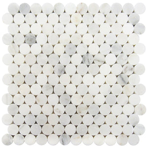 Contessa Bianco | 3/4 Penny Round Mosaic | Color: White/Light Grey | Material: Marble | Finish: Polished | Sold By: Sheet | Tile Size: 12"x12"x0.375" | Commercial: Yes | Residential: Yes | Floor Rated: Yes | Wet Areas: No | AJ-23-1920