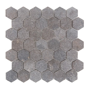 Pierre Noire | 2” Hexagon Mosaic | Color: Brown Black | Material: Limestone | Finish: Tumbled | Sold By: SQFT | Tile Size: 12"x12"x0.375" | Commercial: Yes | Residential: Yes | Floor Rated: Yes | Wet Areas: Yes | AJ-23-0809