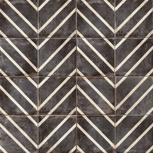 Encaustic | Chevron | Color: Black | Material: Porcelain | Finish: Gloss | Sold By: Case | Square Foot Per Case: 10.87 | Tile Size: 9"x9"x0.375" | Commercial: No | Residential: Yes | Floor Rated: Yes | Wet Areas: No | AJ-23-205